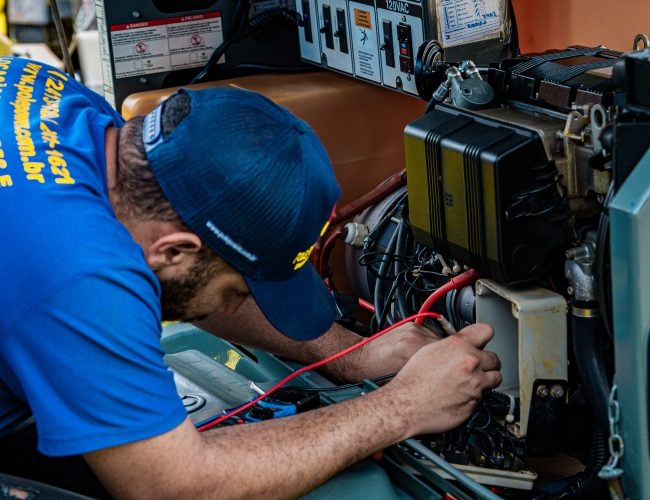 Técnico da Pole Power realizando manutenção preventiva em torre de iluminação.